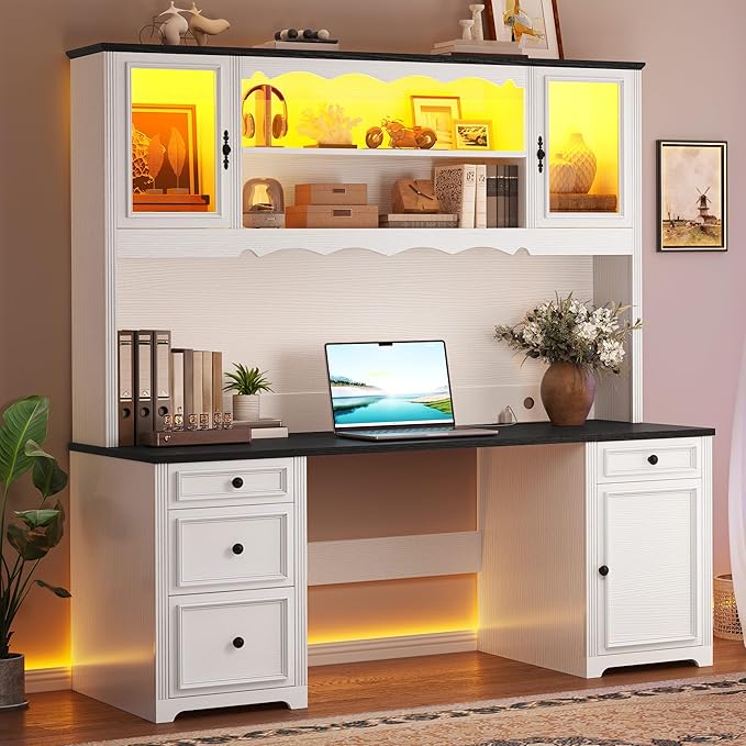 YITAHOME Executive Desk with Hutch and Drawers Farmhouse Computer Desk with Power Outlet &amp LED Lights Home Office Desks with Storage Shelves Storage Cabinet with Glass Door White &amp Black