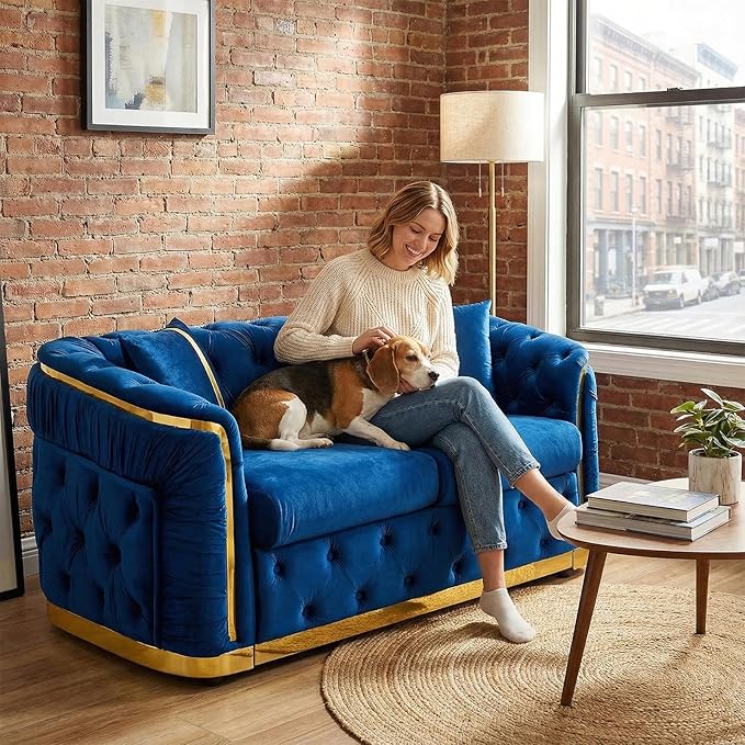 62.6 Mid Century Modern Loveseat Chesterfield Sofa Couch Blue and Gold Couch Velvet Button Tufted Luxury Couches for Living Room with Golden Decor &amp 2 Pillows Navy Blue | StainlessSteel Decor