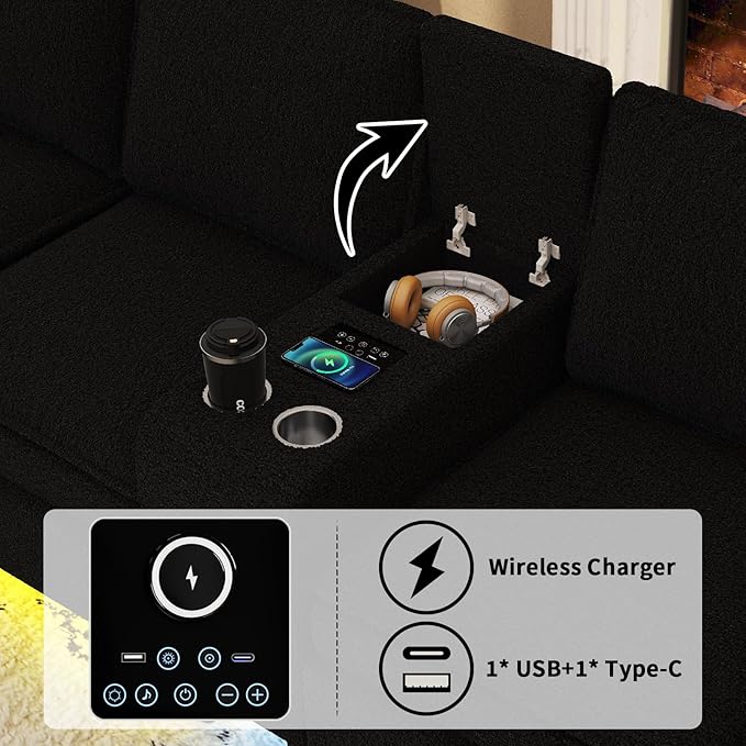 Sectional Couches for Living Room 6 Seat Sectional Sofa with Bluetooth Speaker/RGB Light/Charging Station Teddy Fleece U Shaped Couch with Storage Ottoman and Reversible Chaise Lounge - Black