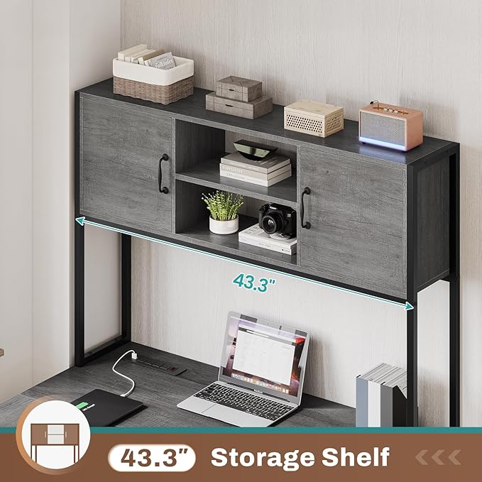 SEDETA L Shaped Gaming Desk Reversible Computer Desk with Fabric Drawers and Power Outlet Gaming Desk with Led Lights Hutch and Storage Shelf for Home Office Grey