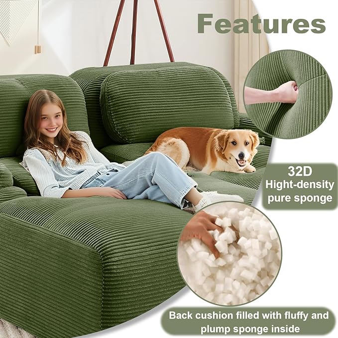 80.3 Modular Sectional Sofa Boneless Cloud Couch 2-Seater Deep Seat Cloud Couch Luxury Corduroy Fabric Sofa for Living Rooms Bedrooms Apartment (Green 80.3inch+Ottoman)