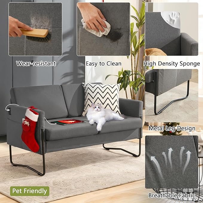 STHOUYN 51” Small Loveseat Sofa for Small Spaces Comfy Grey Couch with 2 USB Ports Modern 2 Person Sofa Loveseats for Living Room Bedroom Mini Teen Office Couch (Dark Grey)