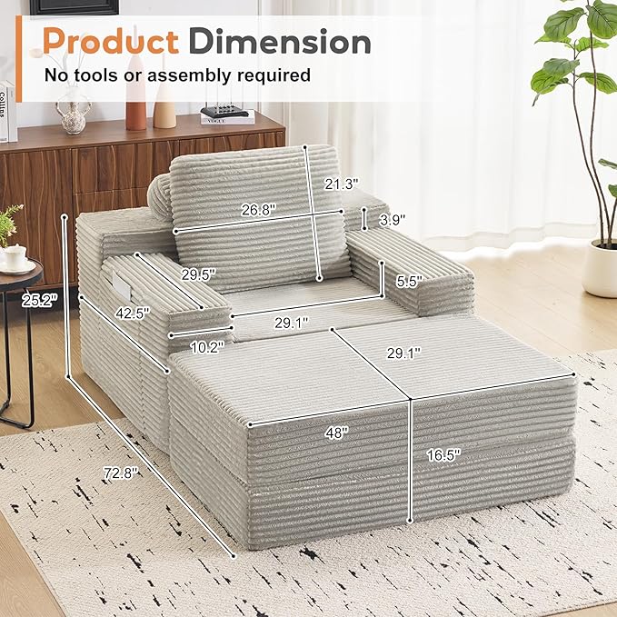 72.8 Convertible Chaise Lounge Sofa Bed Corduroy Sleeper Boneless Couch with Removable Pillow &amp Movable Table Tray Deep Seat No-Assembly Sofa for Living Room Bedroom Apartment Grey