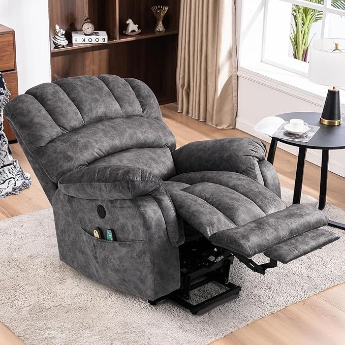 MEETWARM Large Power Lift Electric Recliner Chair with Extended Footrest for Elderly Big and Tall Lift Chair for Seniors Reclining Chair with Vibration Massage and Heated USB Ports(Plush-Grey)