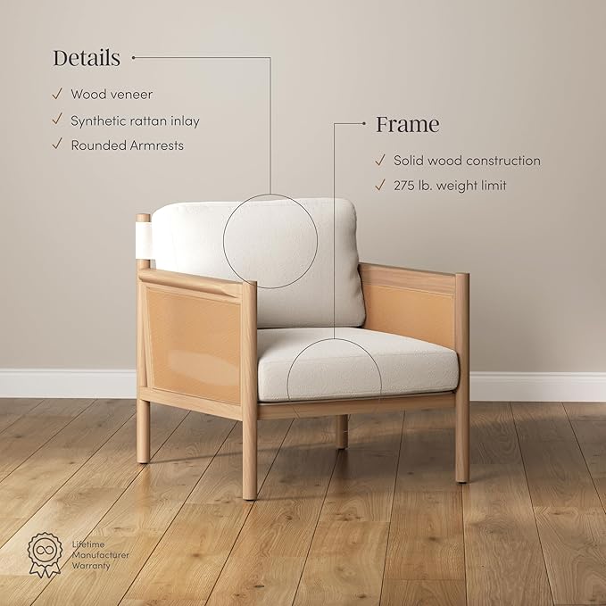 Nathan James Hemming Upholstered Armchair Solid Wood Accent Chair with Boucle Upholstery and Faux Rattan Arm Inlay Cream/Raw Oak Set of 2
