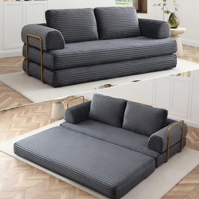 80” Convertible Sleeper Sofa Bed High Back Plush Corduroy Boneless Futon Loveseat with Pull Out Bed Fixed-Shape Folding Floor Mattress Couch No Assembly Required (Grey)