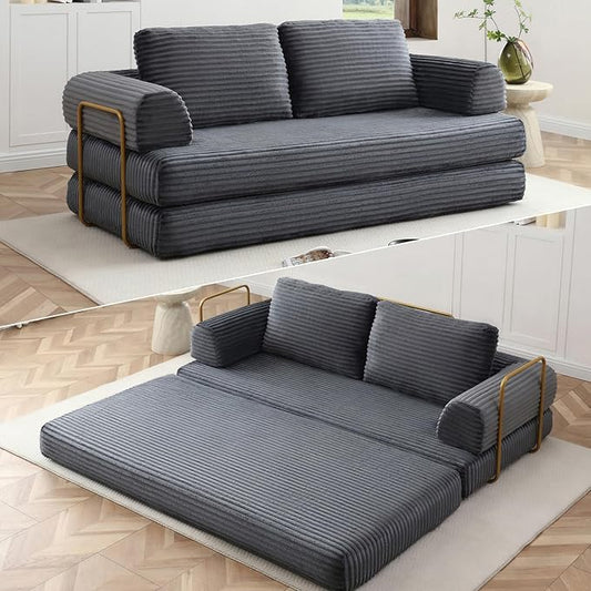 80” Convertible Sleeper Sofa Bed High Back Plush Corduroy Boneless Futon Loveseat with Pull Out Bed Fixed-Shape Folding Floor Mattress Couch No Assembly Required (Grey)