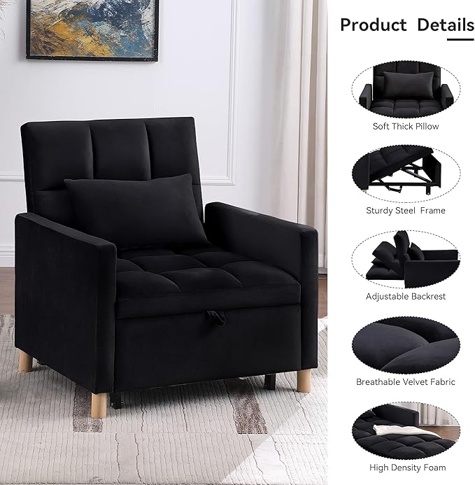 Sleeper Sofa Bed 3-in-1 Convertible Chair Bed Multi-Functional Sleeper Chair Soft Velvet Fabric for Living Room Apartment Office (Black-Velvet)