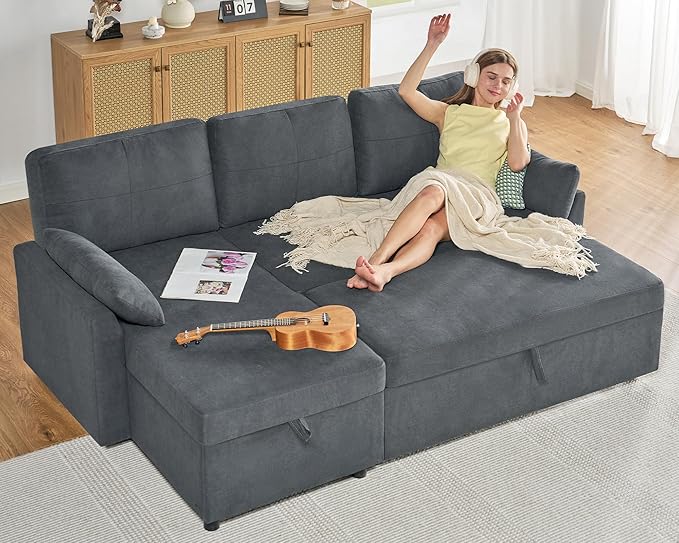 AMERLIFE Sleeper Sofa 2-in-1 Sofa Bed with Storage Chaise Pull Out Sofa Couch for Living Room Guest Room Linen Grey