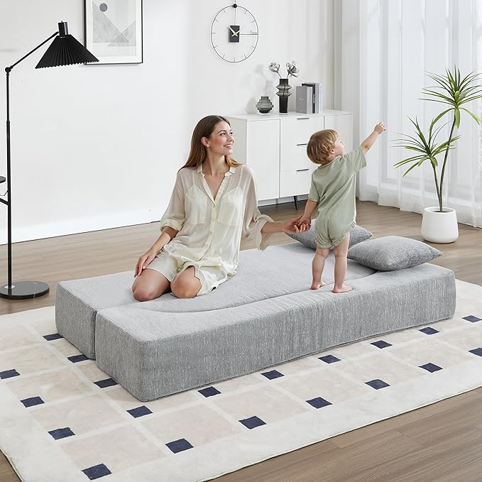 Folding Sofa Bed Convertible Futon Sleeper Bed 2-in-1 Foldable Floor Mattress with 2 Pillows Breathable High-Density Foam Lazy Couch Twin Size Comfy Lounge Chair Light Gray