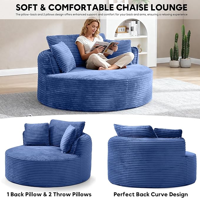 Oversized Round Chair Lounge Chaise Indoor 53.5 Corduroy Boneless Round Chair Fluffy Single Deep Seat Cloud Sofa Chairs Modern Circle Chaise Lounge for Bedroom Living Room Blue
