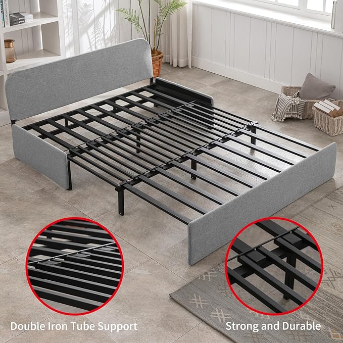 PUREMIND Queen Size Pull Out Sleeper Sofa Bed Linen Convertible Sofa Bed with Foldable Mattress Loveseat Couch Pull Out Bed with 2 Cushions for Small Place Apartment Office Grey