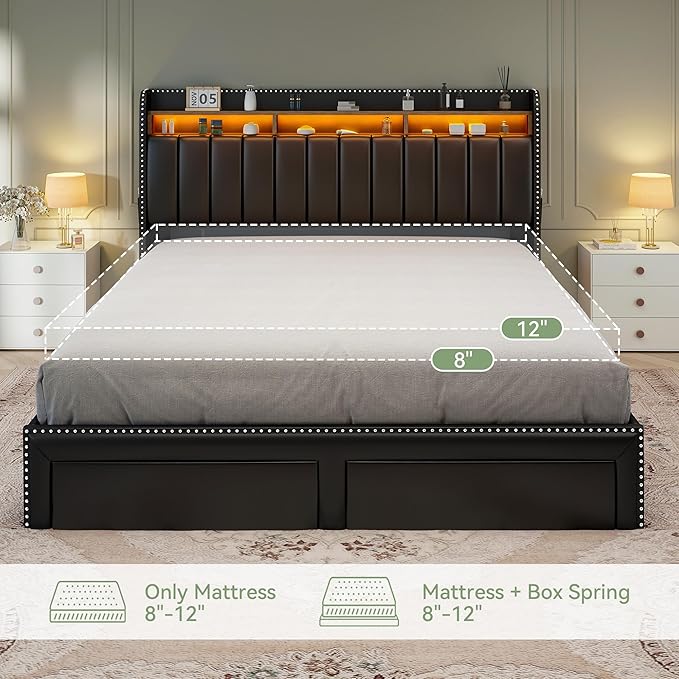 Torana King LED Bed Frame with 2 Drawers PU Leather Upholstered Storage Wingback Headboard Beds Channel Tufted Platform Bedframe with Rivet Decor No Box Spring Needed Black