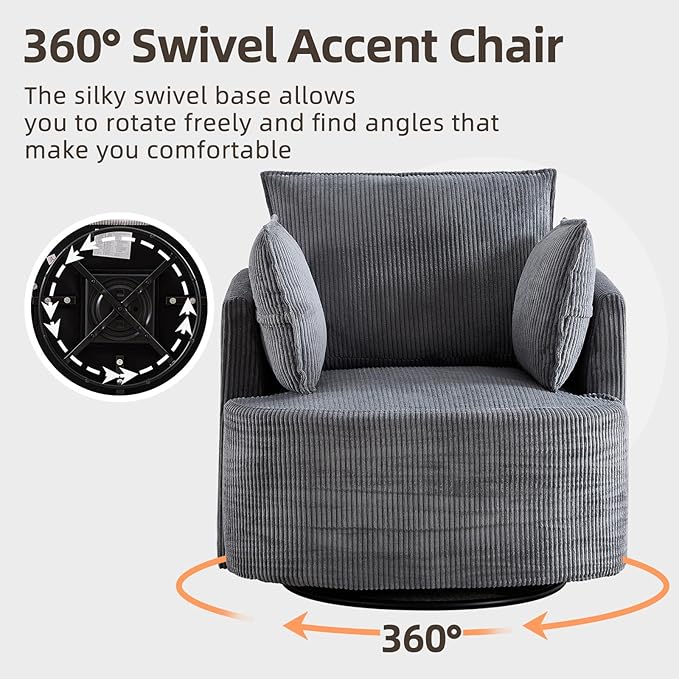 CANMOV Swivel Accent Chair 360°Swivel Barrel Chair with 3 Pillows Comfy Corduroy Round Armchair Single Sofa Chair for Living Room Bedroom Reading Room Dark Grey