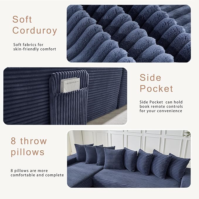 110 L-Shaped Sectional Couch with Chaise Lounge Plush Corduroy Oversized Convertible Floor Sofa Couch with 8 Pillows Modern Deep Seat Boneless Couches for Living Room (Blue 110 + Left Chaise)