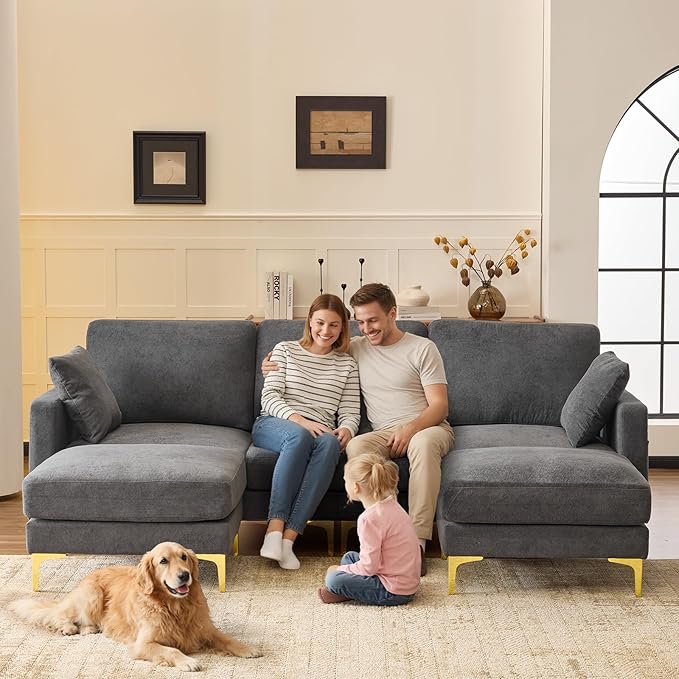 VINGLI 100 W U Shaped Couch with Ottoman 22 Deep Seat Comfortable Sectional Couches for Living Room 3 Seater Chenille Fabric Cloud Sofa for Apartment Small Spaces Bedroom Grey