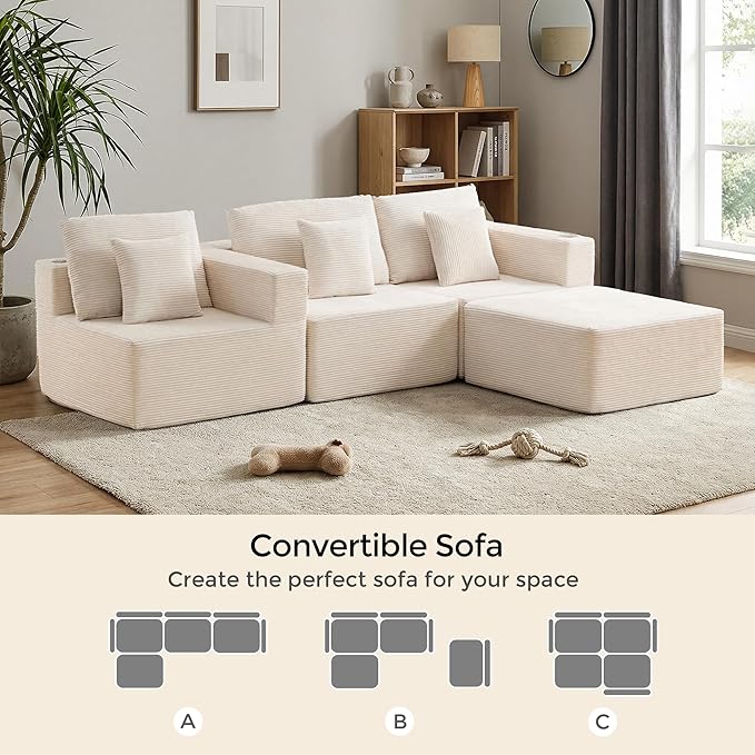 WELAX 104 Modular Sectional Couches for Living Room Boneless Couch L-Shape with Cup Holders &amp Pillows Modern Corduroy Cloud Sofa 4 Seater Home Comfy Sofas for Bedroom Beige