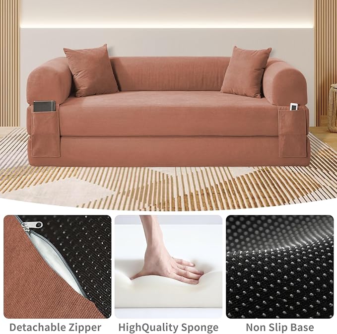 KBQ 3-Seat Convertible Sleeper Sofa Bed with 2 Pillows Corduroy Folding Mattress Couch Floor Sofa Lounge Couch for Living Room Bedroom Lounge Studio Pink