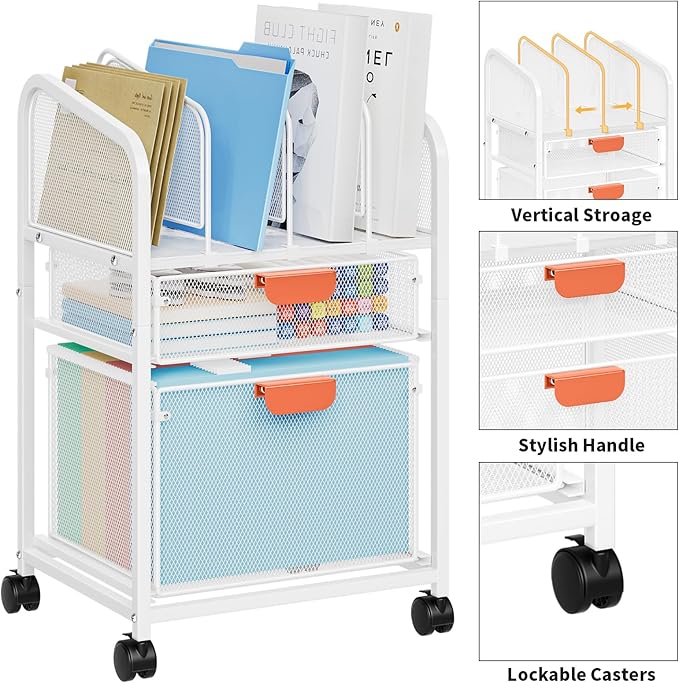 Marbrasse Rolling File Cart with Adjustable Dividers Mobile File Cabinet on Lockable Wheels Office Filing Cabinet Organizer Hanging File Folder Organizer for Home Office - White