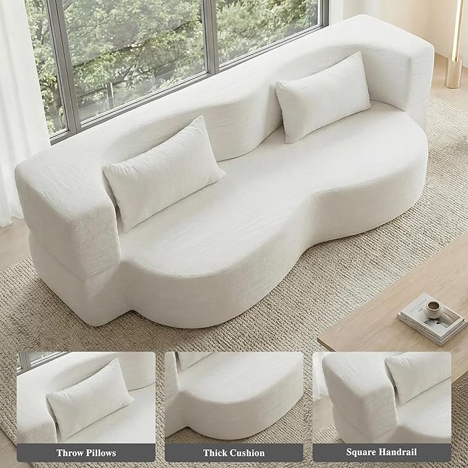78.35 Loveseat Sofa Bed Modern 2-in-1 Convertible Curved Floor Love Seat Couch Teddy Fabric Memory Foam Cloud Couch with 2 Pillows No Assembly for Living Room Apartment Small Space
