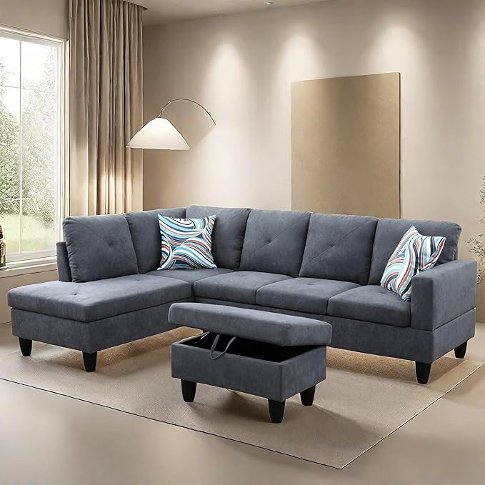 L Shaped Sectional Couches Modern Convertible Lounge Sofa with Ottoman Storage Comfy Modular Sectional Sofa for Living Room Furniture Sets Small Spaces Bedroom Grey A