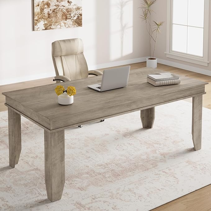 71 Inch Executive Desk Large Black Computer Desk with Sturdy Thick Legs Modern Farmhouse Home Office Desk 180cm Spacious Writing Table for Study Professional Workstation Furniture Rectangular
