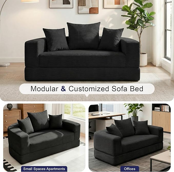 Casaphoria Modern Futon Sofa Bed67 Inch Wide Folding Couch with Wide Armrests and PillowsConvertible Lounger for ApartmentGuest RoomDaybed(Black)