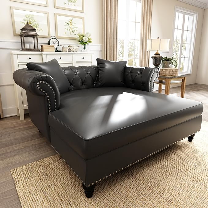 62.99 Chaise Lounge Indoor Comfy Reading Chair with 2 Pillows PU Leather Chesterfield Loveseat Sofa with Tufted Back &amp Rolled Arm Oversized Chaise Lounge Couch Indoor for Living Room Black
