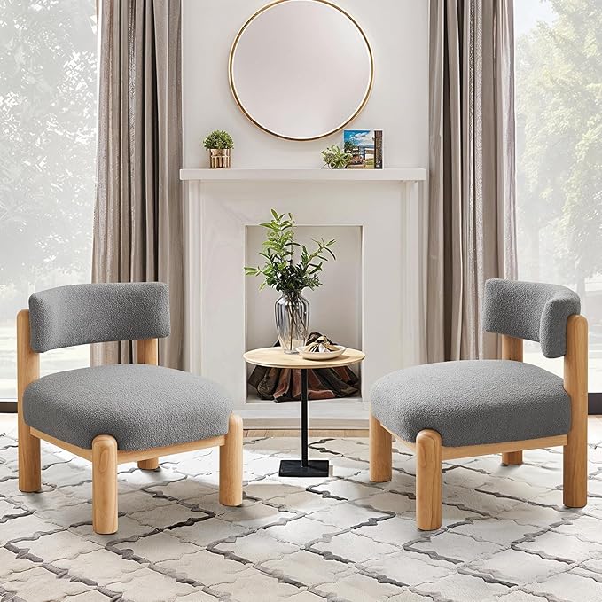 Furniliving Oversized Modern Accent Chair Boucle Fabric Upholstered Armless Chair Assembly Free Comfy Living Room Chair with Solid Wood for Home Decor Grey