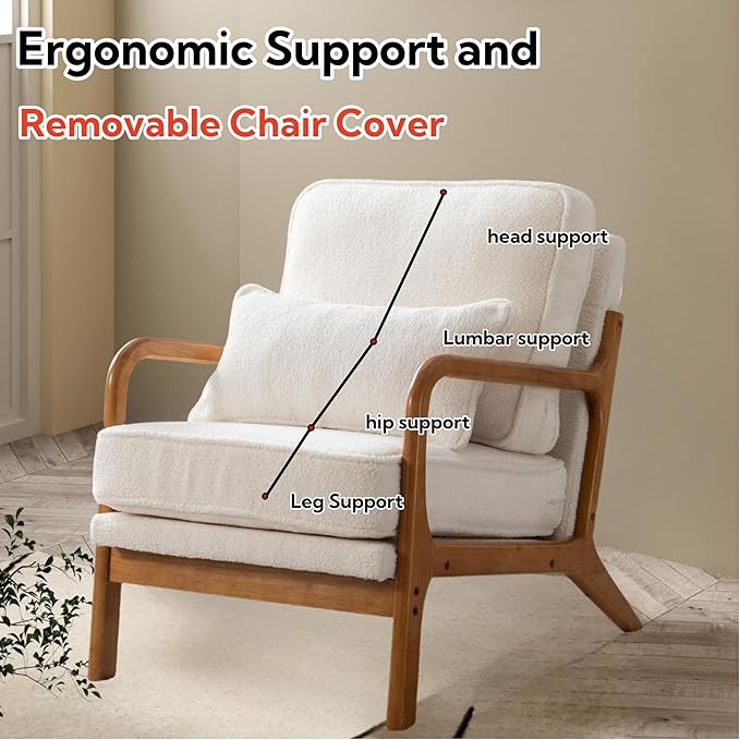 Mid-Century Modern Accent Chair Lounge Reading Armchair with Comfy Cushion &amp Lumbar Pillow &amp Solid Wood Frame for Living RoomBedroomGuest RoomSherpa FabricCreamWhite