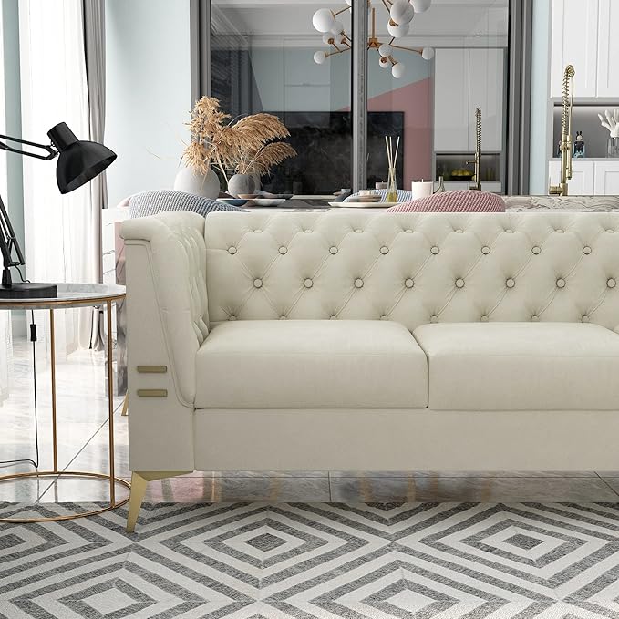 Tomkate 83 Beige Velvet Chesterfield Sofa Mid-Century Modern Tufted 3-Seater Couch with Flared Arms Removable Cushions &amp Gold Metal Legs for Living Room (Beige)