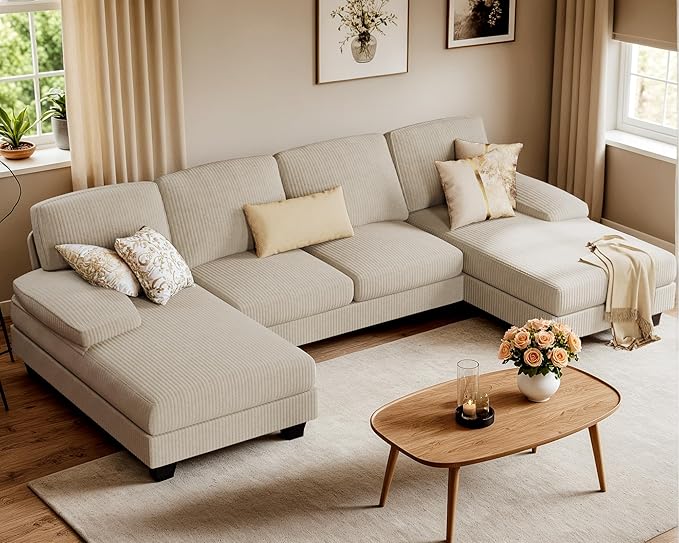 Furniwell Convertible Sectional Sofa Couch 4 Seat Sofa Set for Living Room U-Shaped Modern Fabric Modular Sofa Sleeper with Double Chaise &amp Memory Foam (Corduroy Beige)