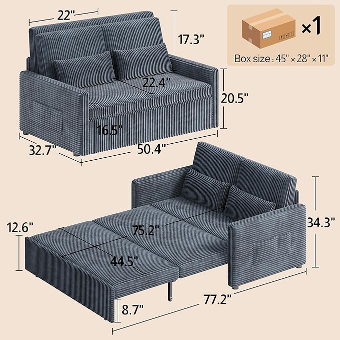 Ahomly 77.2'' Extended Pull Out Sofa Bed 3-in-1 Convertible Loveseat Sleeper Couch Bed Corduroy Sofa for Living Room Bedroom Apartment Dark Grey