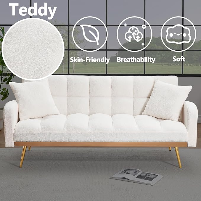 Comfy Futon Sofa Bed with 2 Pillows White Futon Couch Bed with Gold Legs Small Convertible Sofa Bed Couch for Living Room Modern Loveseat for Bedroom Curved Arms Plush Tufted-ShapedTeddy (Beige)