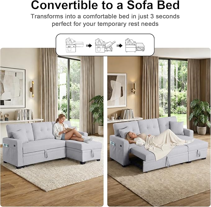 82 L Shaped Sleeper Sofa Bed: Sectional Sleeper Couch with Pull Out Bed Storage Chaise USB Charging 3 Seat Sectional Sofa Bed with Throw Pillow for Living Room (Linen Fabric Light Grey)