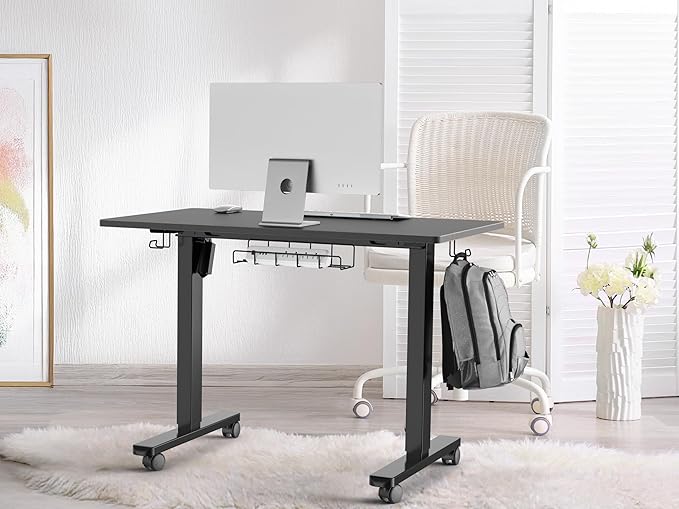SHW 40-Inch Mobile Electric Height Adjustable Sit to Stand Desk with Drawer Hanging Hooks and Cable Management Black