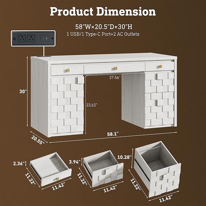 58 Executive Desk with Drawers Home Office Desk with Charging Station &amp Keyboard Tray Wood Office Desk with File Drawer &amp Storage Cabinet Modern Computer Writing Desk with Adjustable Shelf