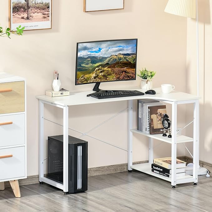 Industrial L Shaped Computer Desk with 2 Side Shelves and Steel e Corner Desk Study Workstation for Home Office White