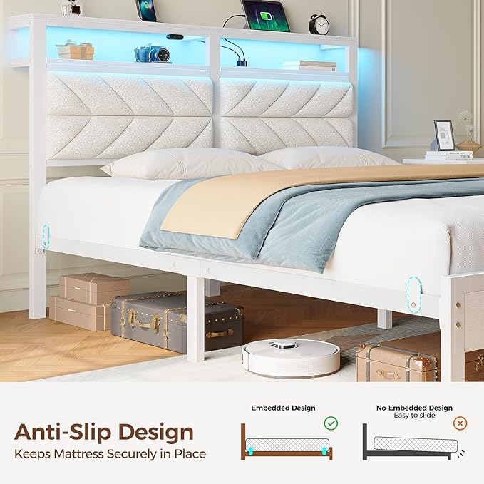 Seventable Bed Frame Full Size with Charging Station LED Bed with Upholstered Storage Headboard Metal Platform Bed with Under Bed Storage No Box Spring Needed Noise Free Easy Assembly White