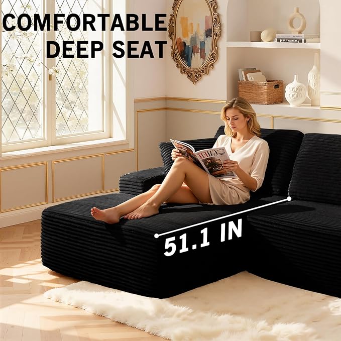109.4” Modular Sectional Sofa Convertible Sofa Bed No Assembly Required Cloud Couch with Deep Seat Modern L-Shaped Boneless Sofa for Living Room (Black)
