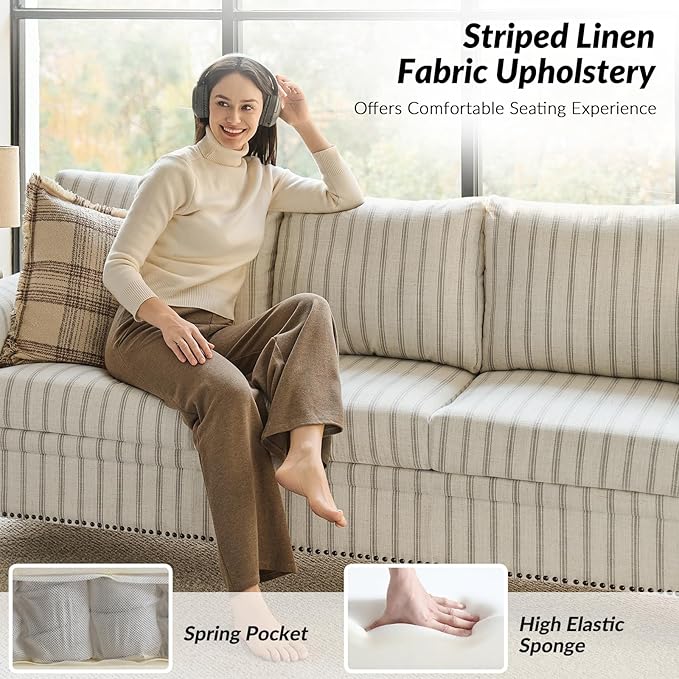 HULALA HOME 81 Farmhouse Couch with Stripe Pattern 3 Seater Sofa with Solid Wood Legs and Rolled Wide Armrests Comfy Upholstered Sofa with Nailhead Trims FSC Certified Stripe