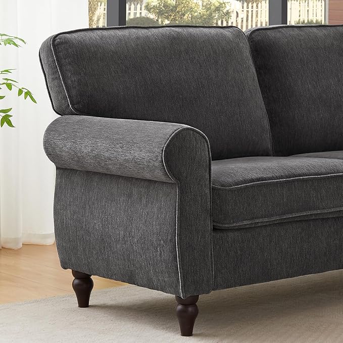 ONBRILL 101 L Shaped Couch Sectional Corner Sofa with Rolled Arms 5 Seater Chenille Fabric Couch w/Springs Seat Cushion Wooden Legs Comfy Oversized Sofa for Living Room Apartment Grey