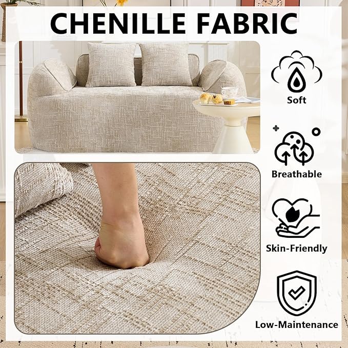 67 Curved Loveseat Sofa with 2 Pillows Modern Boneless Couch in a Box Small Cloud Loveseat for Bedroom Small Space Apartment Living Room Memory Foam Chenille No Assembly (Light Khaki)