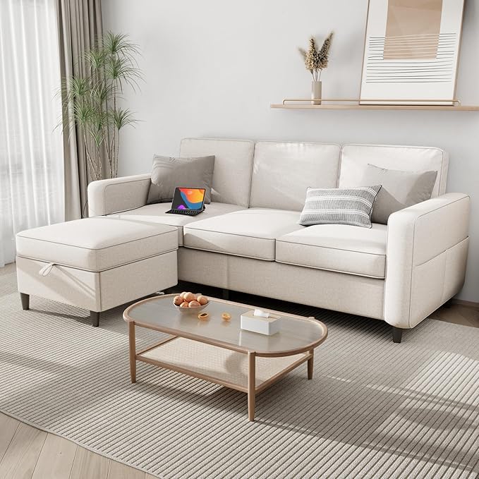 Youmumeub Sectional Couches for Living Room - Convertible Sofa and Storage Bench79''Modern Corner ConfigurationSuitable for Living Room Apartment Bedroom and Office-Beige | Reversible Chaise Wash