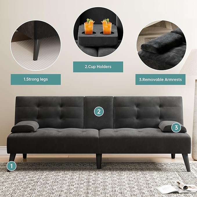 Meilocar 64 Futon Sofa Bed 64 Convertible Loveseat with 2 Cup Holders Small Couch with 3 Adjustable Angles &amp Removable Armrest Modern Sleeper Sofa for Apartment5.3 FT Black