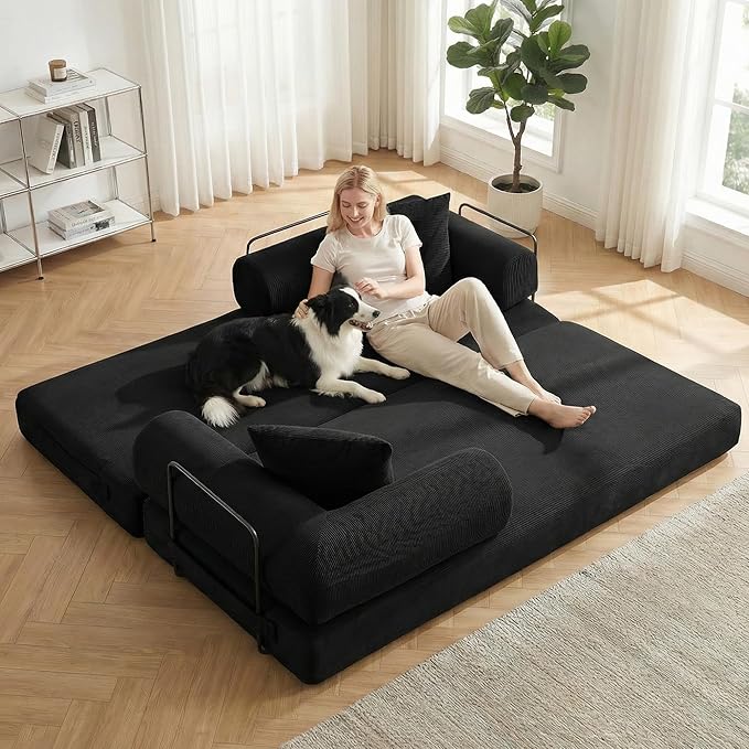 78.5'' Convertible Folding Sofa Bed 5-in-1 Modular Floor Couch Corduroy Small Cloud Couch Compressed Foldable Sleeper Sofa King Size Futon for Bedroom Guest Room (Black)