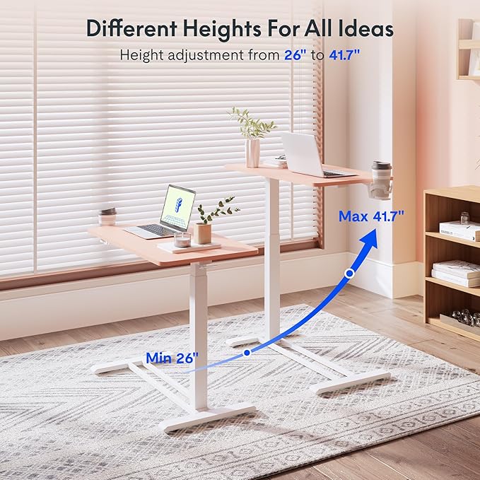 FLEXISPOT Mobile Standing Desk with Wheels Pneumatic Laptop Desk Rolling Computer Cart Movable Height Adjustable Small Sit Stand Computer Workstations Home Use（31.5 W x 17.7 DPink