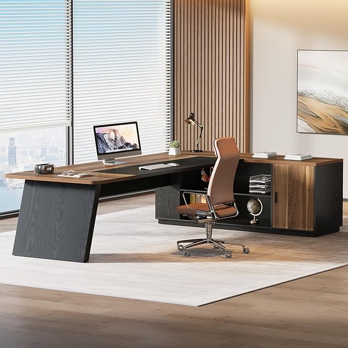 Tribesigns 79-Inch Executive Desk Large Office Desk with Cabinet L-Shaped Compter Desk with Storage Shelves Writing Table for Home Office Brown and Black