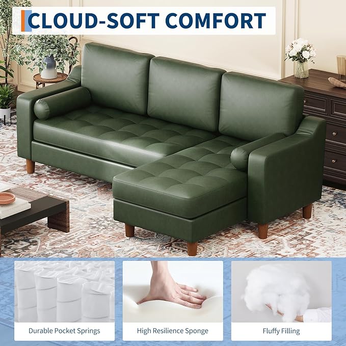 GarveeHome 88.9 L-Shape Sofa&ampCouch with Convertible Chaise Sectional Sofa with Deep Seat Modern Mid-Century Sofa for Living Room 3 Seat Comfy Leather Couch Green
