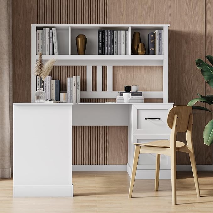 Bellemave L Shaped Computer Desk with Hutch Home Office Desk with Storae Drawers &amp Bookshelf Corner Desk Study Table Writing Desk with Storage Easy to Assemble Antiqued White